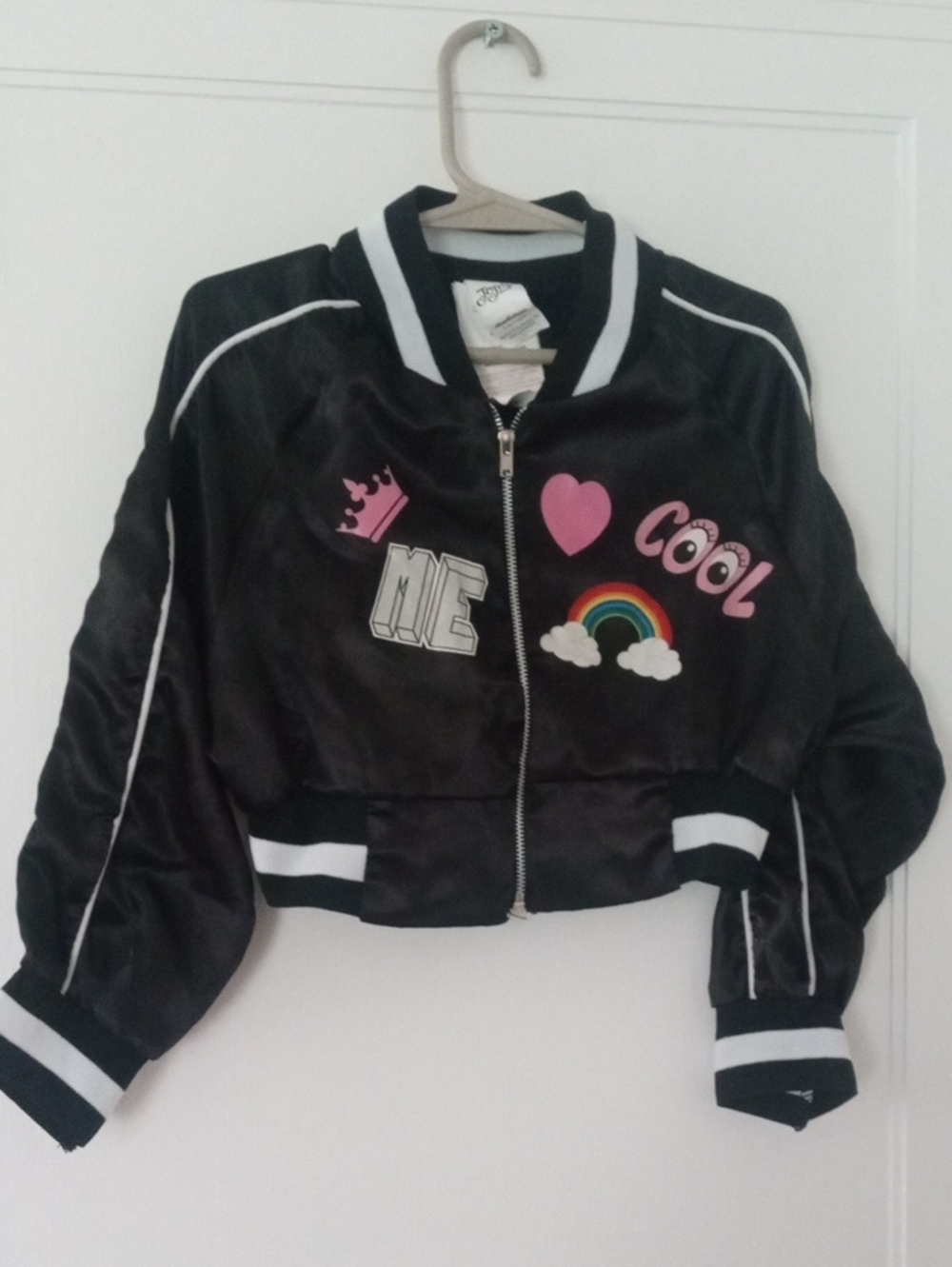 Girls Black Cropped Bomber Jacket with Rainbow Patch